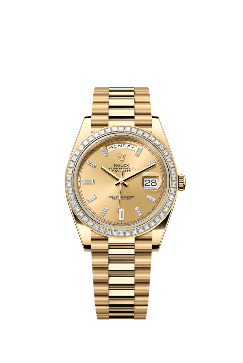 ROLEX DAY-DATE 40MM YELLOW GOLD CHAMPAGNE DIAMOND BAGUETTE DIAL TRAPEZE DIAMOND BEZEL PRESIDENT BRACELET 228398TBR