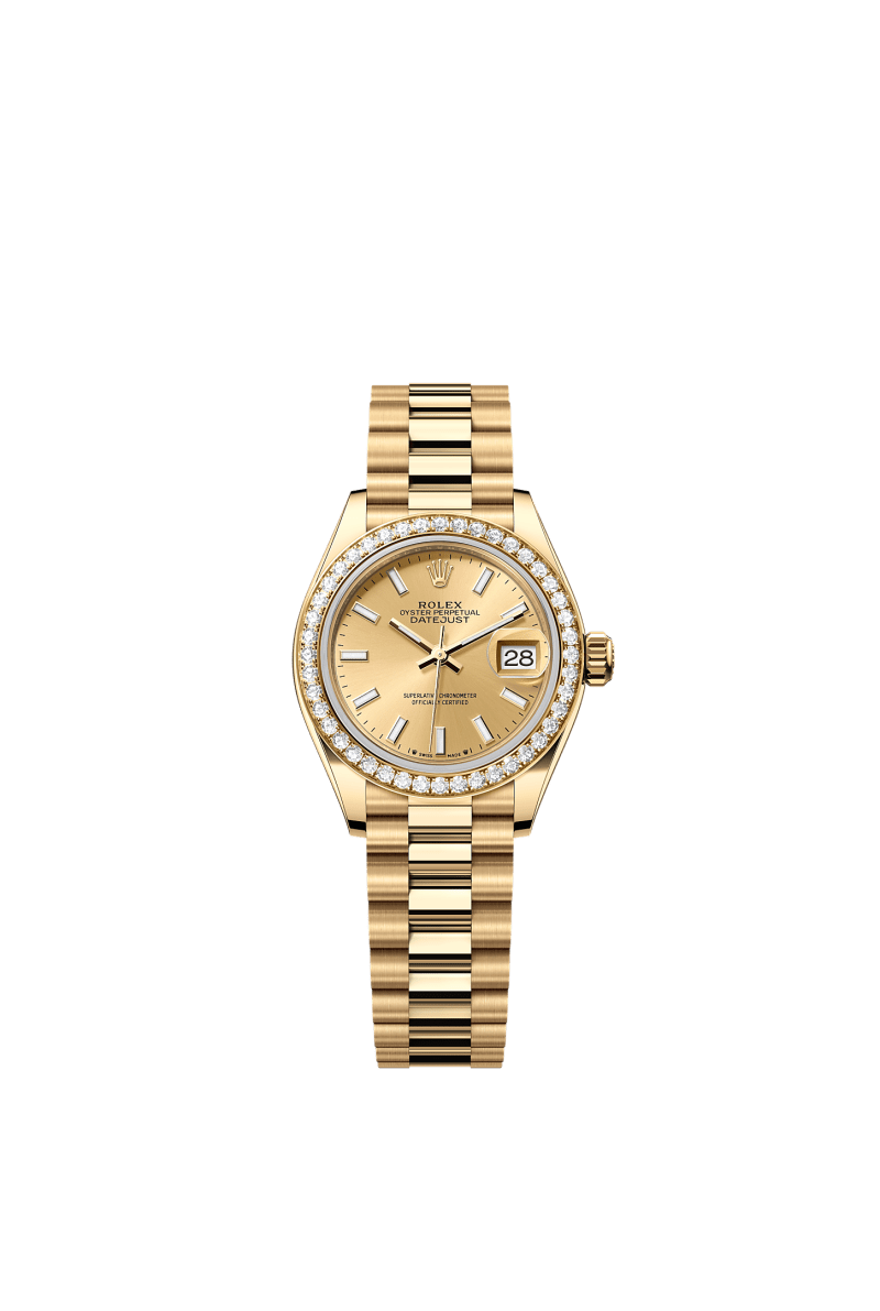 ROLEX LADY-DATEJUST 28MM YELLOW GOLD CHAMPAGNE INDEX DIAL DIAMOND-SET BEZEL PRESIDENT BRACELET 279138RBR