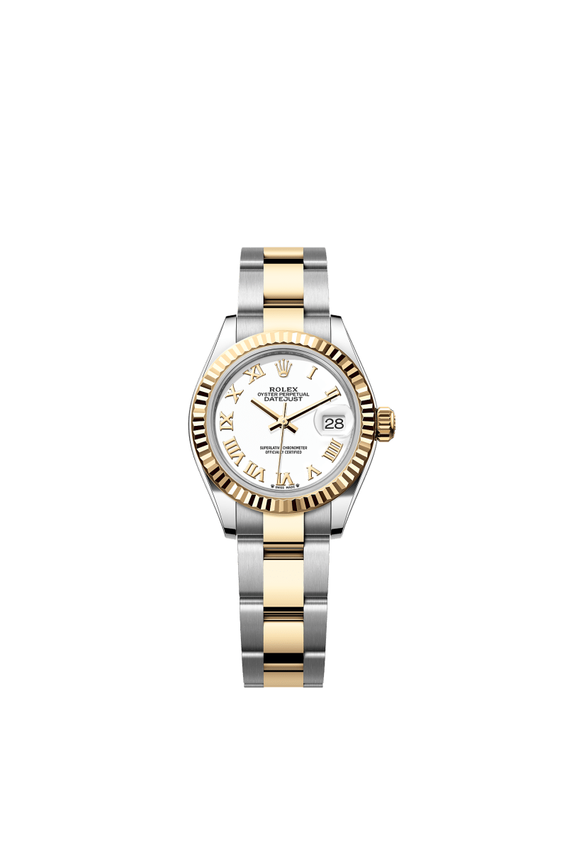 ROLEX LADY-DATEJUST 28MM TWO-TONE YELLOW GOLD WHITE ROMAN DIAL FLUTED BEZEL OYSTER BRACELET 279173