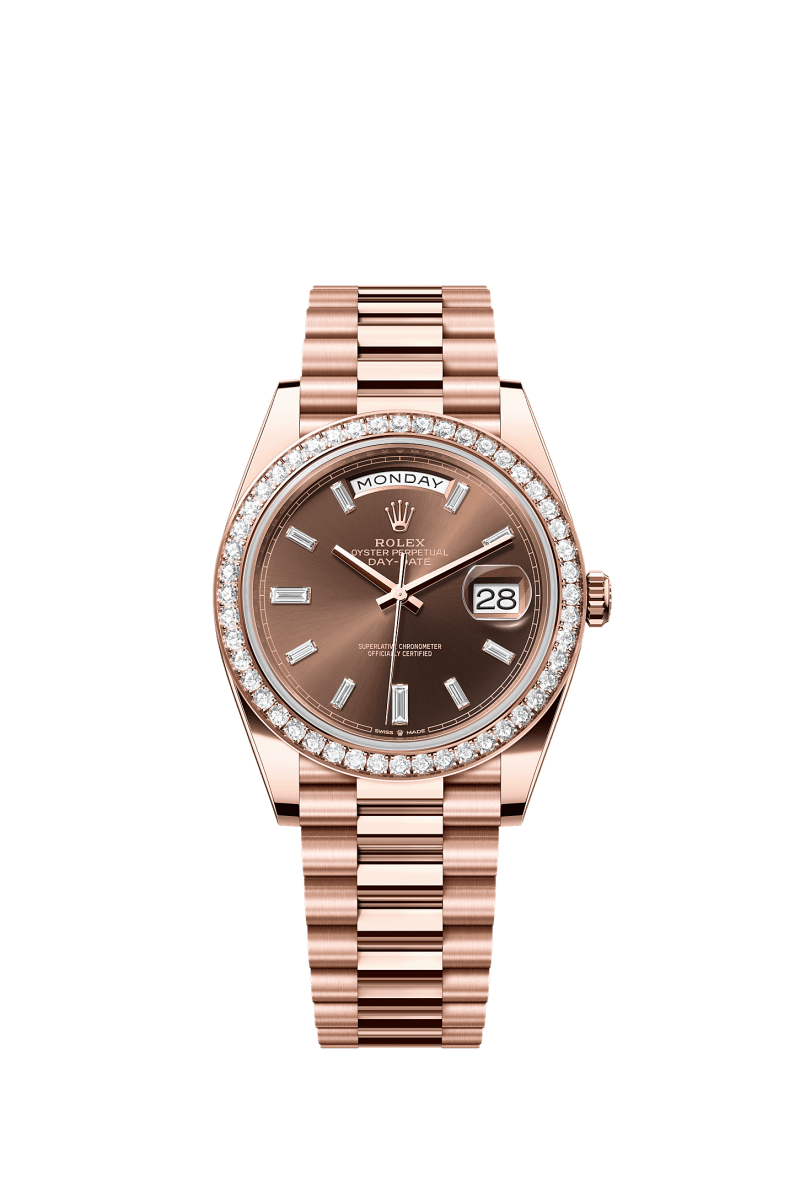 ROLEX DAY-DATE 40MM EVEROSE GOLD CHOCOLATE DIAMOND BAGUETTE DIAL DIAMOND BEZEL PRESIDENT BRACELET 228345RBR