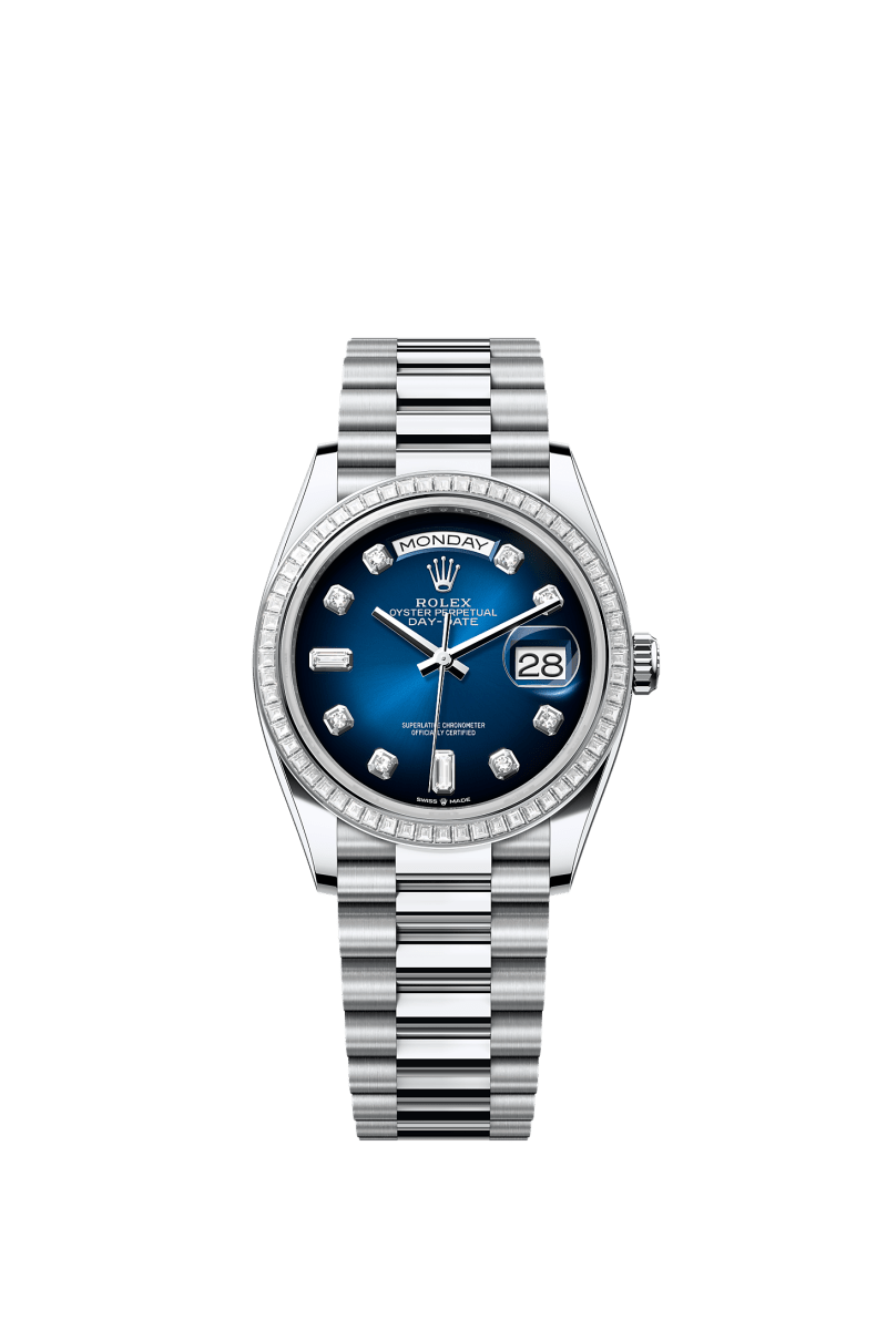 ROLEX DAY-DATE 36MM PLATINUM BLUE OMBRE DIAMOND DIAL TRAPEZE DIAMOND BEZEL PRESIDENT BRACELET 128396TBR