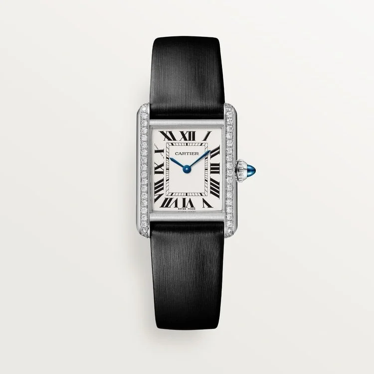 CARTIER TANK MUST SMALL STEEL SILVERED DIAL BLACK CALFSKIN STRAP W4TA0031