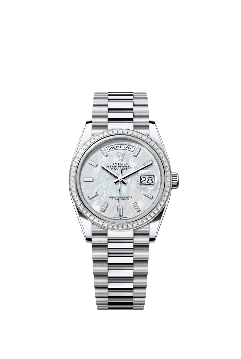 ROLEX DAY-DATE 36MM PLATINUM MOTHER OF PEARL DIAMOND BAGUETTE DIAL TRAPEZE DIAMOND BEZEL PRESIDENT BRACELET 128396TBR