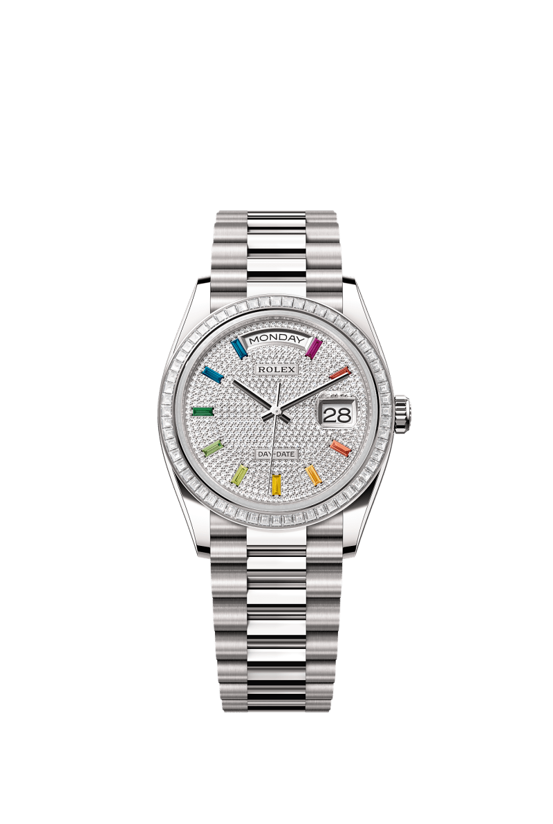 ROLEX DAY-DATE 36MM WHITE GOLD RAINBOW DIAMOND PAVE DIAL TRAPEZE DIAMOND BEZEL PRESIDENT BRACELET 128399TBR