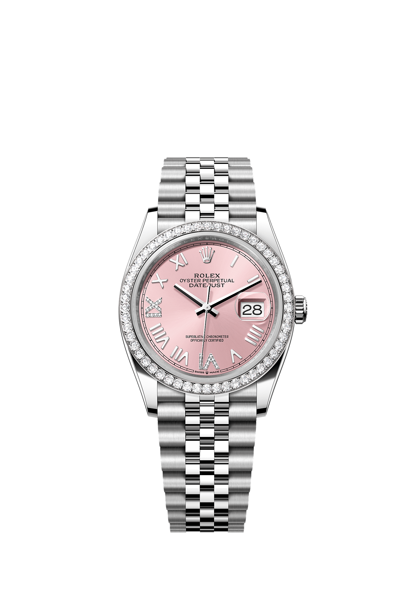 ROLEX DATEJUST 36 ROLEX DATEJUST 36 PINK ROMAN DIAMOND DIAL DIAMOND BEZEL JUBILEE BRACELET 126284RBR
