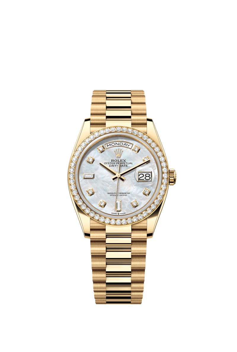 ROLEX DAY-DATE 36MM YELLOW GOLD MOTHER OF PEARL DIAMOND DIAL DIAMOND BEZEL PRESIDENT BRACELET 128348RBR
