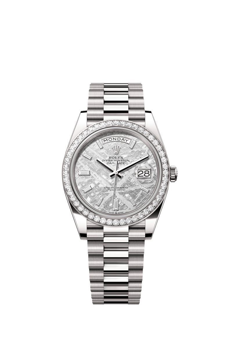 ROLEX DAY-DATE 40MM WHITE GOLD METEORITE DIAMOND BAGUETTE DIAL DIAMOND BEZEL PRESIDENT BRACELET 228349RBR