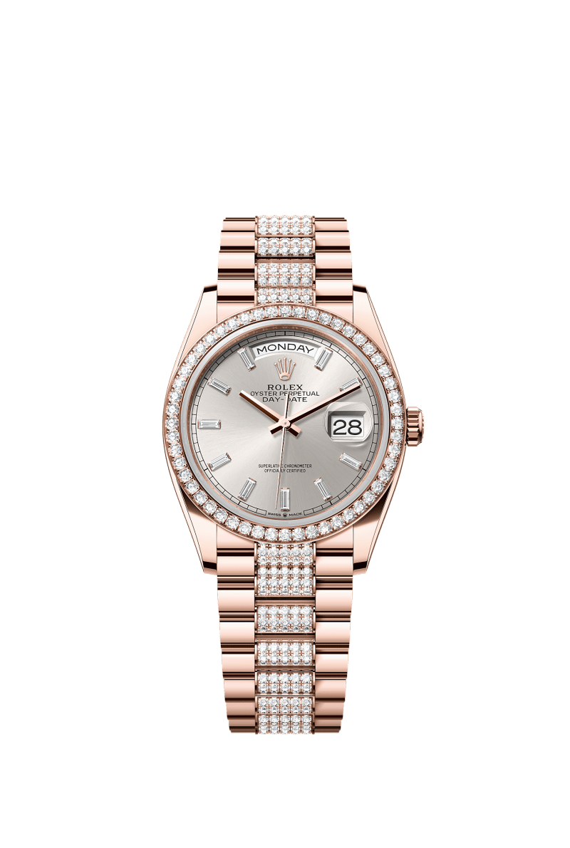 ROLEX DAY-DATE 36MM EVEROSE GOLD SILVER DIAMOND BAGUETTE DIAL DIAMOND BEZEL DIAMOND-SET PRESIDENT BRACELET 128345RBR