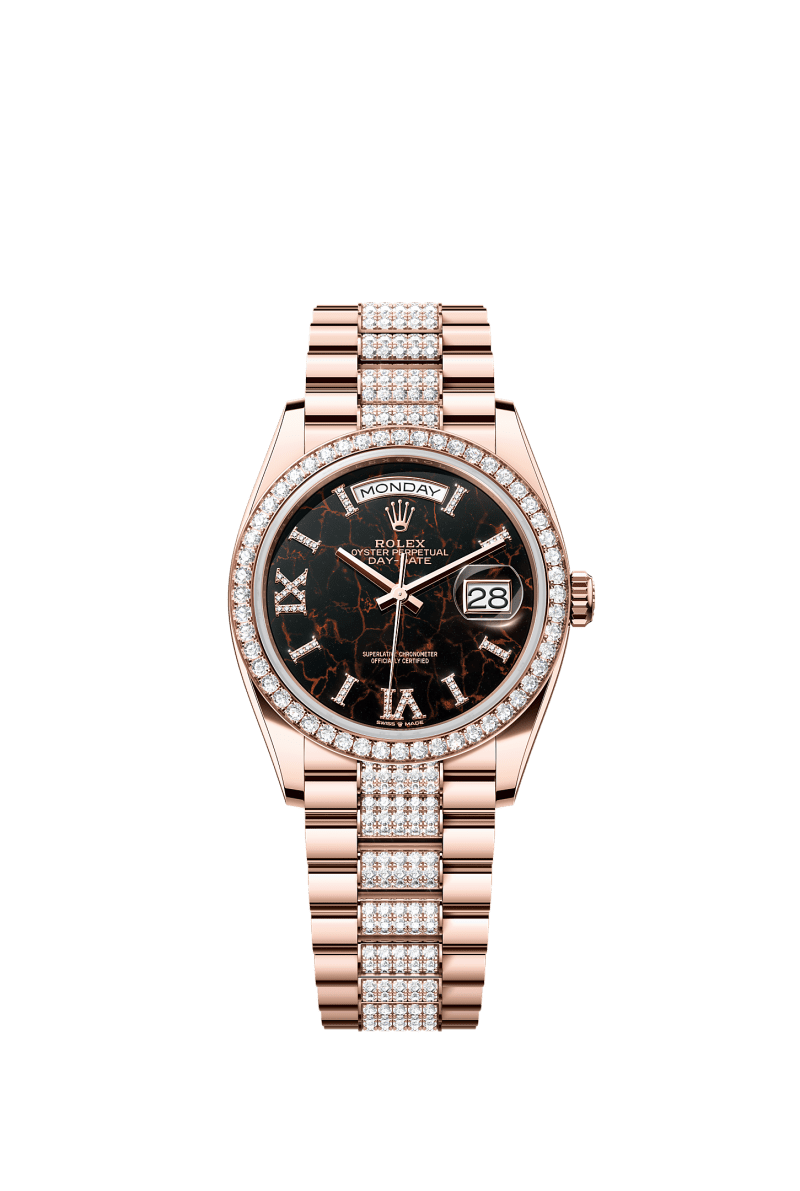 ROLEX DAY-DATE 36MM EVEROSE GOLD EISENKIESEL DIAMOND ROMAN DIAL DIAMOND BEZEL DIAMOND-SET PRESIDENT BRACELET 128345RBR