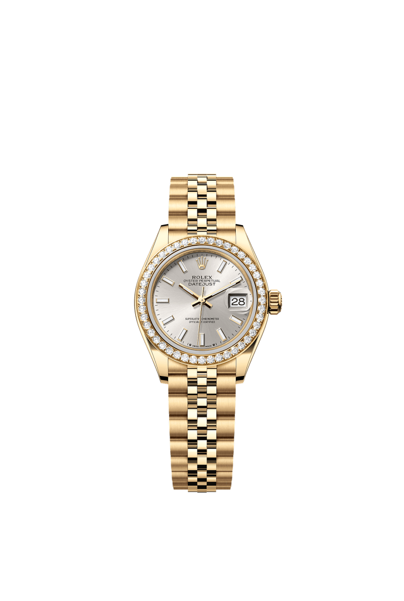 ROLEX LADY-DATEJUST 28MM YELLOW GOLD SILVER INDEX DIAL DIAMOND-SET BEZEL JUBILEE BRACELET 279138RBR