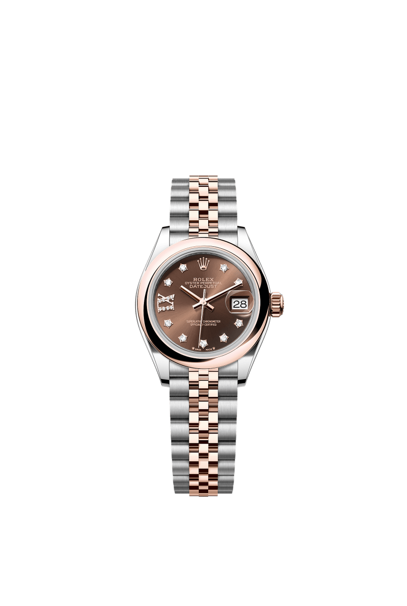 ROLEX LADY-DATEJUST 28MM TWO-TONE EVEROSE GOLD CHOCOLATE STAR DIAMOND DIAL DOMED BEZEL JUBILEE BRACELET 279161