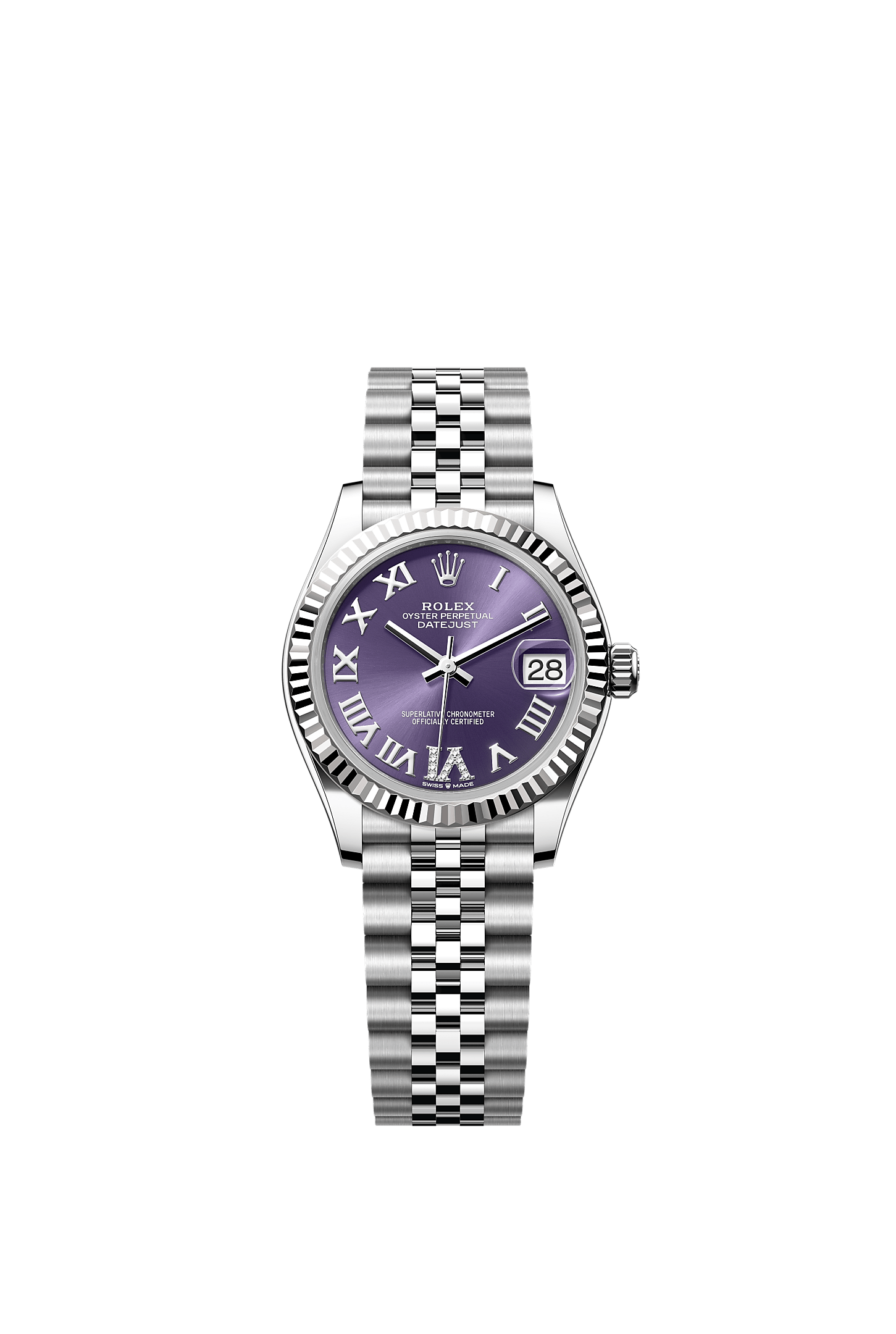 ROLEX LADY-DATEJUST 31MM VIOLET (PURPLE) ROMAN DIAMOND DIAL FLUTED BEZEL JUBILEE BRACELET 278274