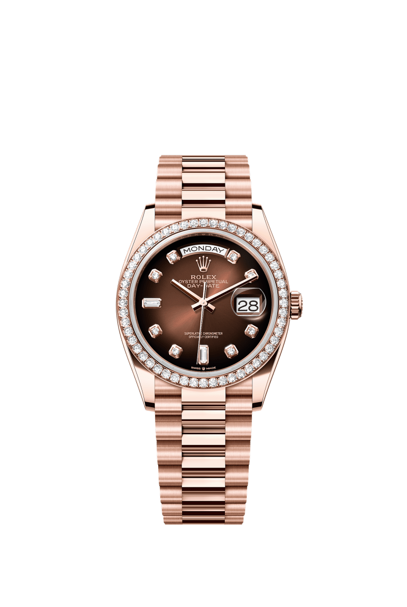 ROLEX DAY-DATE 36MM EVEROSE GOLD BROWN OMBRE DIAMOND DIAL DIAMOND BEZEL PRESIDENT BRACELET 128345RBR