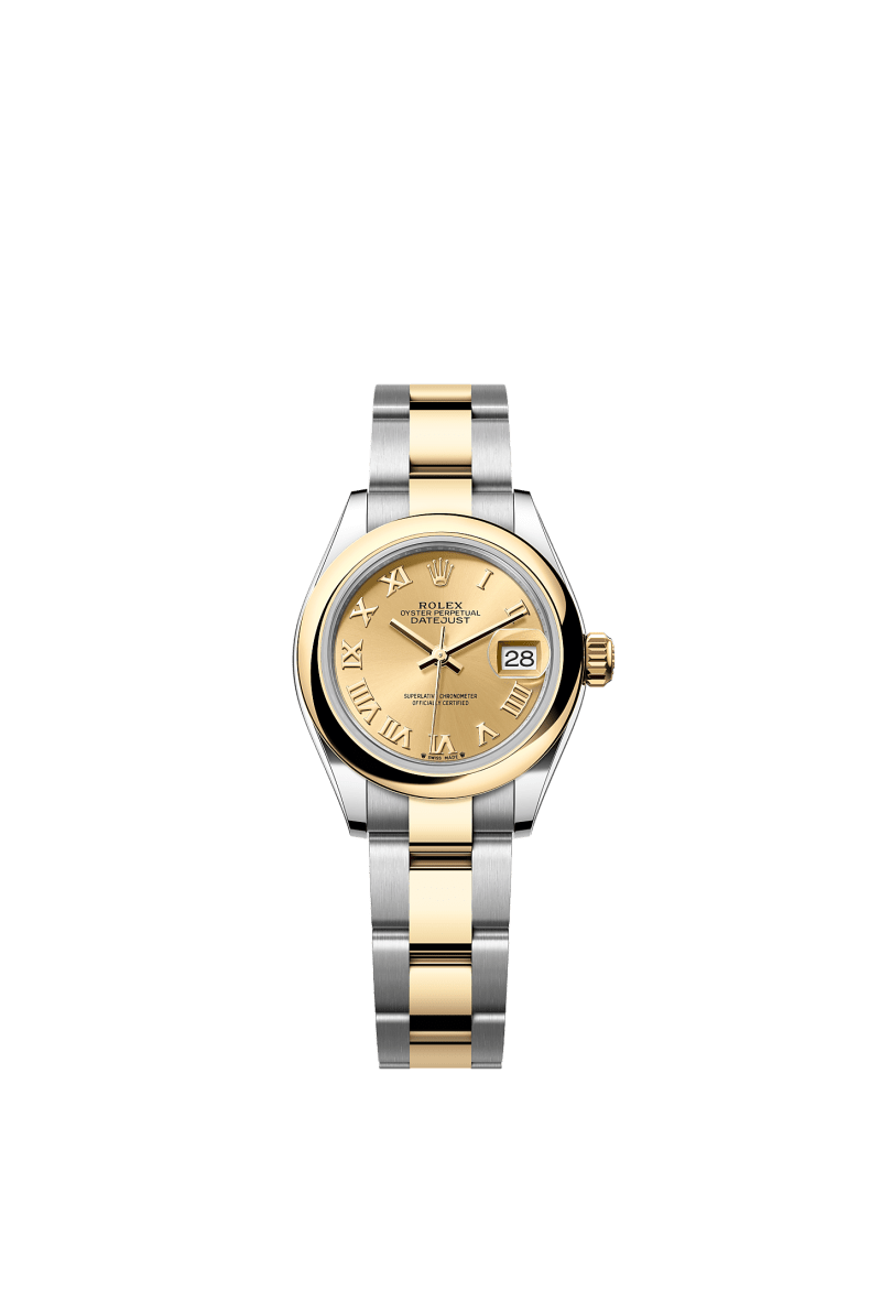 ROLEX LADY-DATEJUST 28MM TWO-TONE YELLOW GOLD CHAMPAGNE ROMAN DIAL DOMED BEZEL OYSTER BRACELET 279163