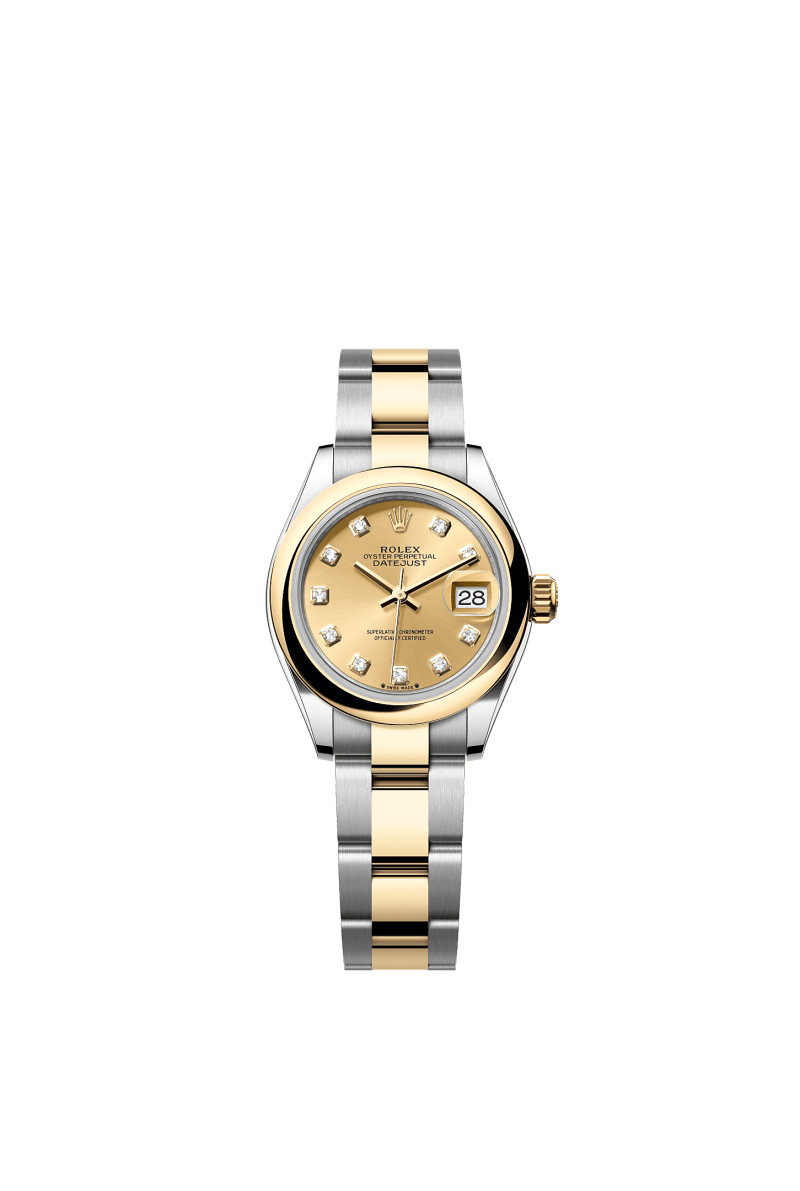 ROLEX LADY-DATEJUST 28MM TWO-TONE YELLOW GOLD CHAMPAGNE DIAMOND DIAL DOMED BEZEL OYSTER BRACELET 279163