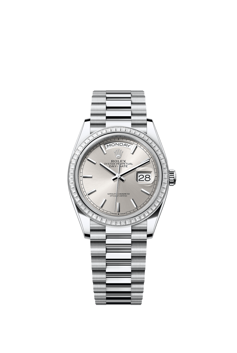 ROLEX DAY-DATE 36MM PLATINUM SILVER INDEX DIAL TRAPEZE DIAMOND BEZEL PRESIDENT BRACELET 128396TBR