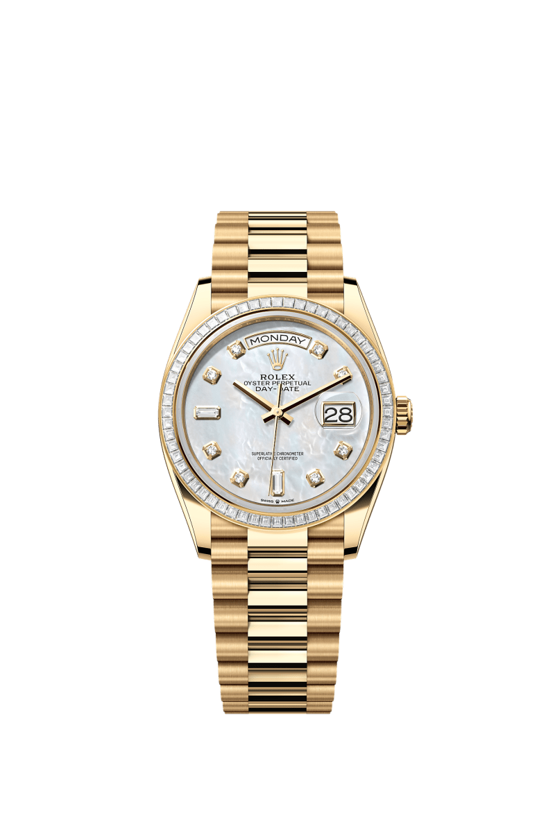 ROLEX DAY-DATE 36MM YELLOW GOLD MOTHER OF PEARL DIAMOND DIAL TRAPEZE DIAMOND BEZEL PRESIDENT BRACELET 128398TBR