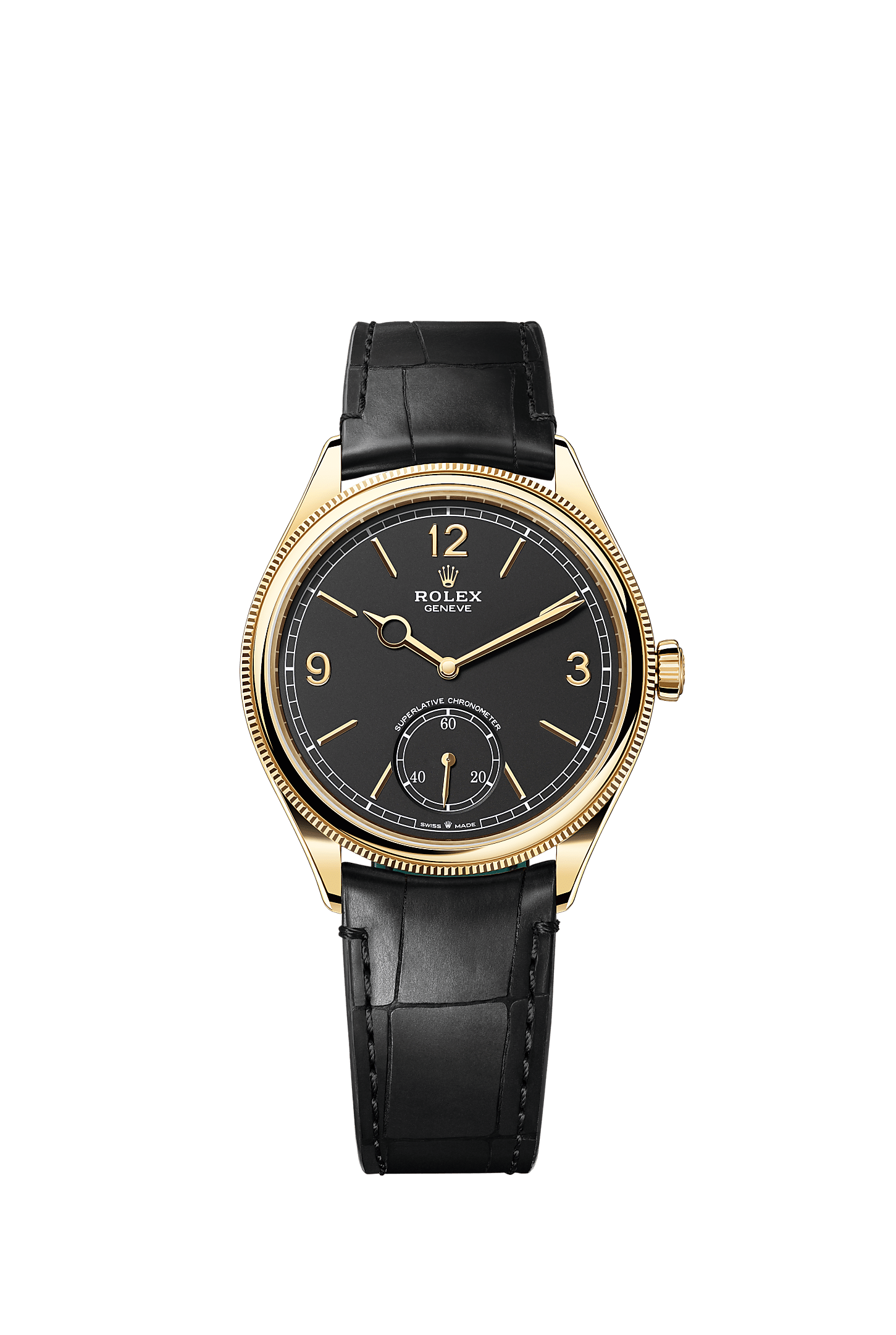 ROLEX 1908 YELLOW GOLD BLACK DIAL BLACK ALLIGATOR STRAP 52508