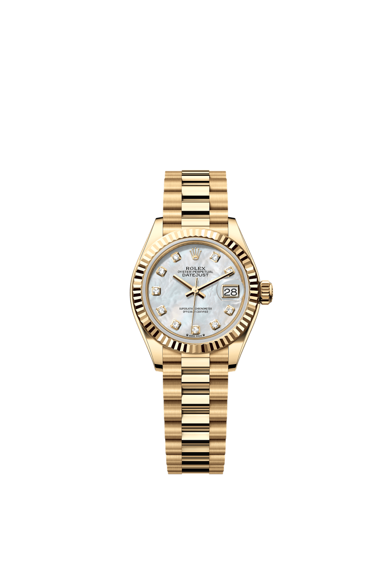 ROLEX LADY-DATEJUST 28MM YELLOW GOLD MOTHER OF PEARL DIAMOND DIAL FLUTED BEZEL PRESIDENT BRACELET 279178
