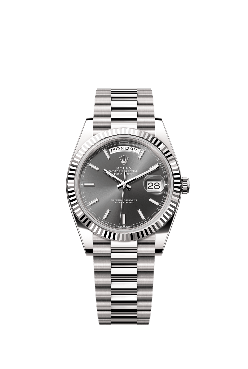 ROLEX DAY-DATE 40MM WHITE GOLD RHODIUM INDEX DIAL FLUTED BEZEL PRESIDENT BRACELET 228239