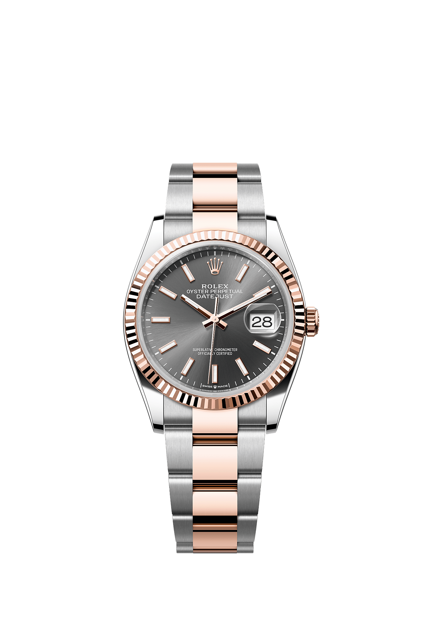 ROLEX DATEJUST 36MM TWO-TONE EVEROSE GOLD SLATE INDEX DIAL FLUTED BEZEL OYSTER BRACELET 126231