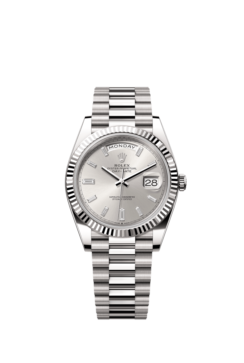 ROLEX DAY-DATE 40MM WHITE GOLD SILVER DIAMOND BAGUETTE DIAL FLUTED BEZEL PRESIDENT BRACELET 228239