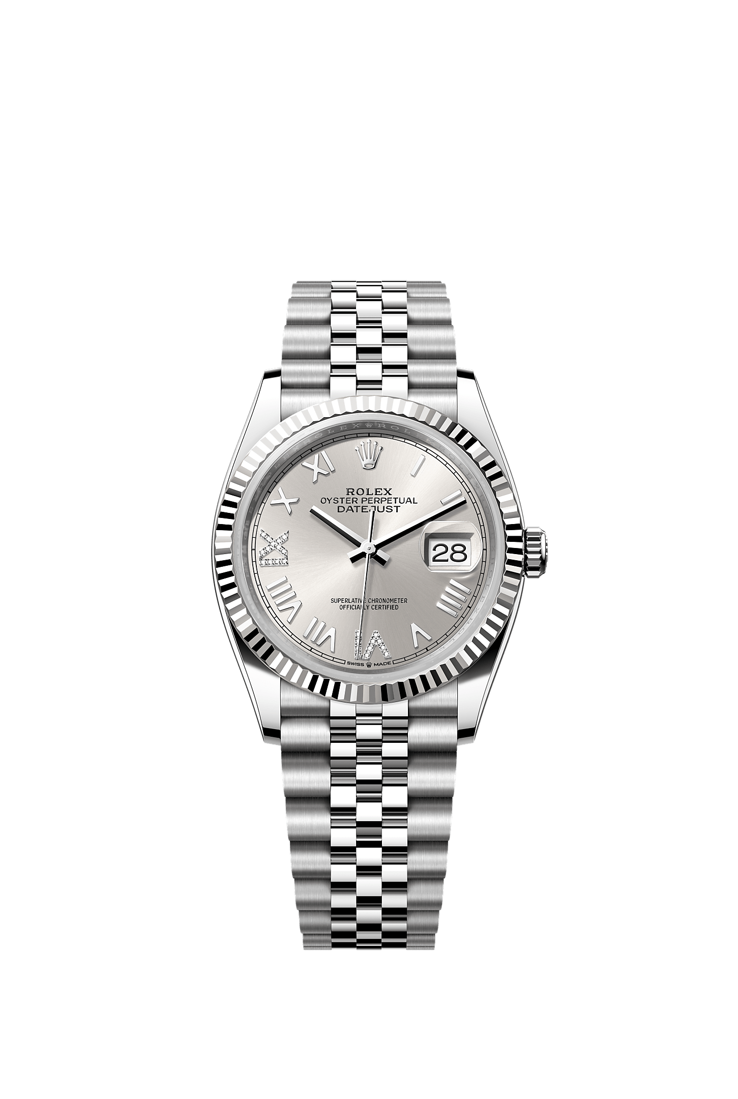 ROLEX DATEJUST 36 SILVER ROMAN DIAMOND DIAL FLUTED BEZEL JUBILEE BRACELET 126234