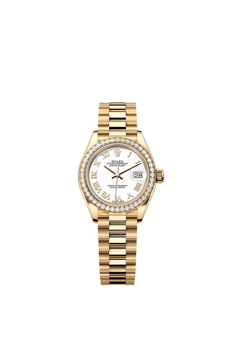 ROLEX LADY-DATEJUST 28MM YELLOW GOLD WHITE ROMAN DIAL DIAMOND-SET BEZEL PRESIDENT BRACELET 279138RBR