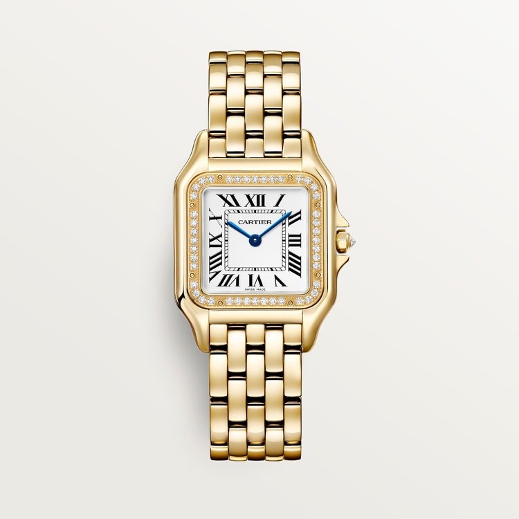 CARTIER PANTHÈRE DE CARTIER MEDIUM 18K YELLOW GOLD SILVERED DIAL DIAMOND BEZEL WJPN0085