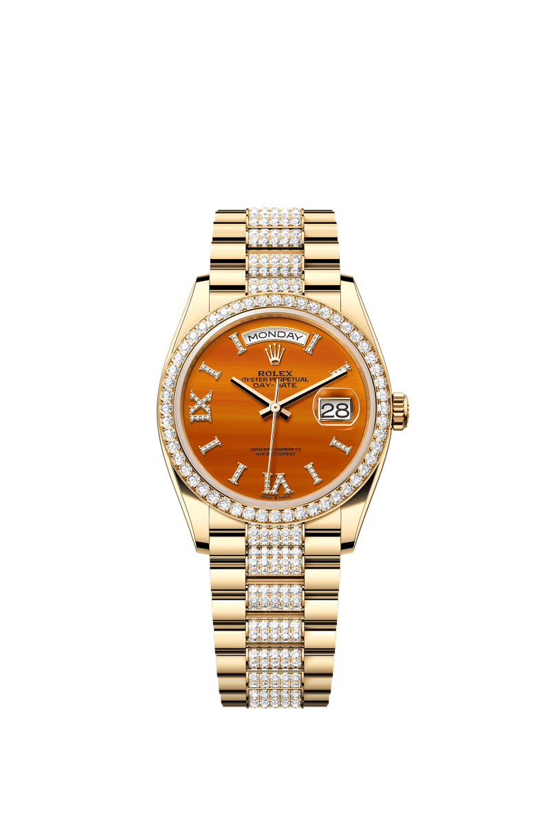ROLEX DAY-DATE 36MM YELLOW GOLD CARNELIAN ROMAN DIAMOND DIAL DIAMOND BEZEL DIAMOND-SET PRESIDENT BRACELET 128348RBR