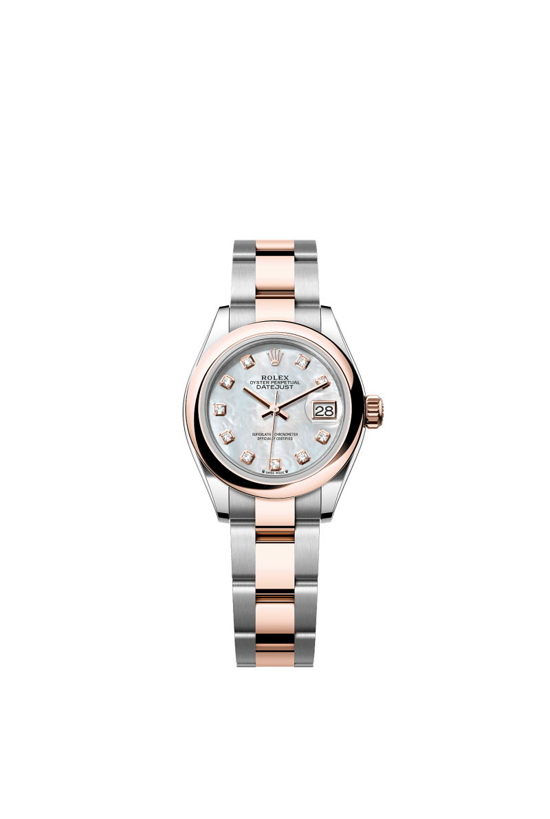 ROLEX LADY-DATEJUST 28MM TWO-TONE EVEROSE GOLD MOTHER OF PEARL DIAMOND DIAL DOMED BEZEL OYSTER BRACELET 279161