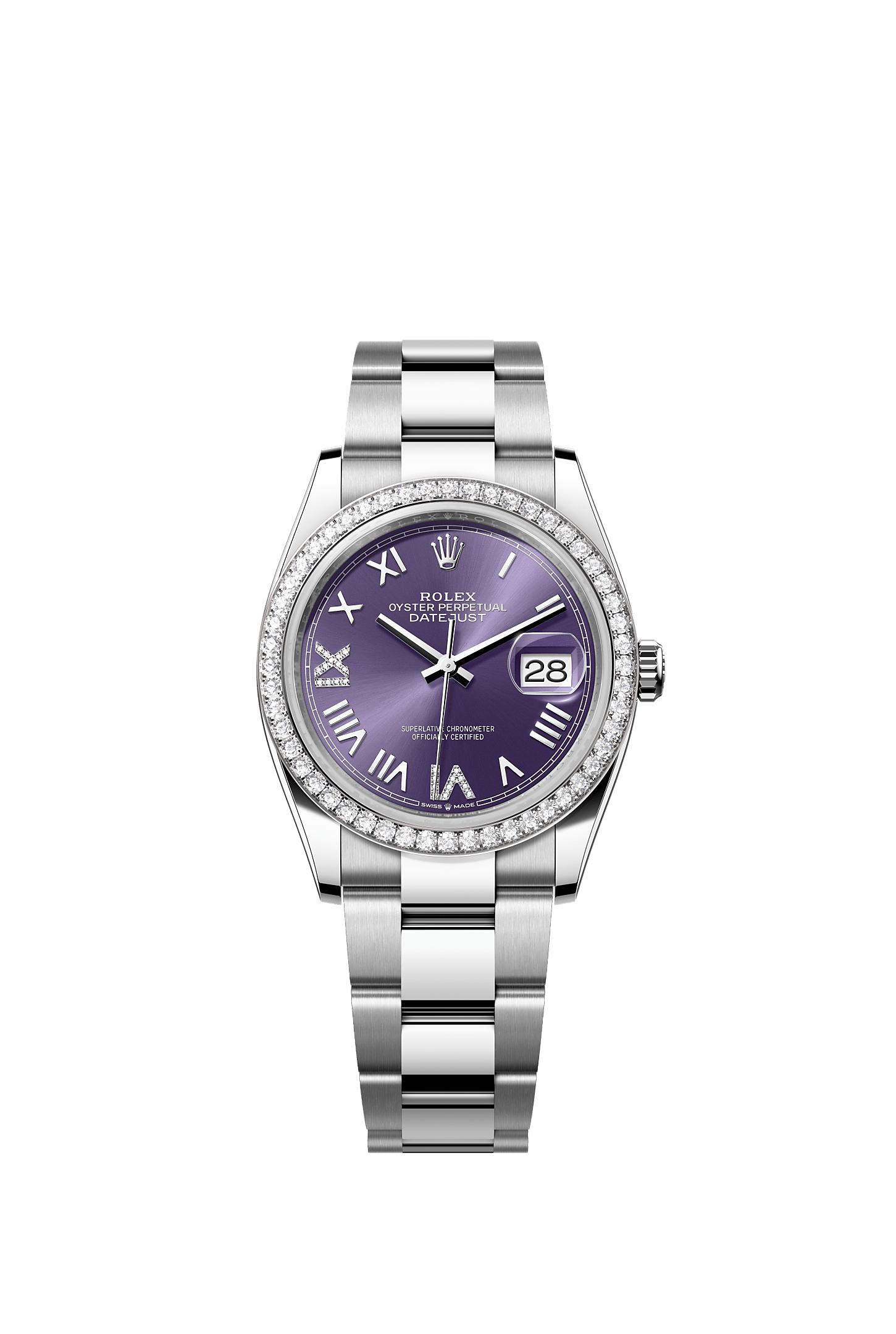 ROLEX DATEJUST 36 AUBERGINE ROMAN DIAMOND DIAL DIAMOND BEZEL OYSTER BRACELET 126284RBR