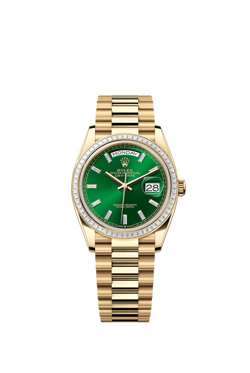 ROLEX DAY-DATE 36MM YELLOW GOLD GREEN DIAMOND BAGUETTE DIAL TRAPEZE DIAMOND BEZEL PRESIDENT BRACELET 128398TBR