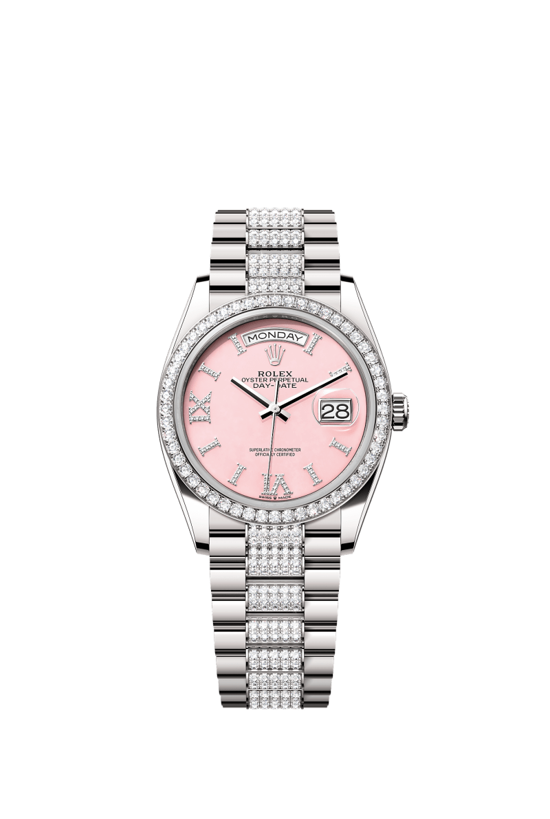 ROLEX DAY-DATE 36MM WHITE GOLD PINK ROMAN DIAMOND DIAL DIAMOND BEZEL DIAMOND-SET PRESIDENT BRACELET 128349RBR