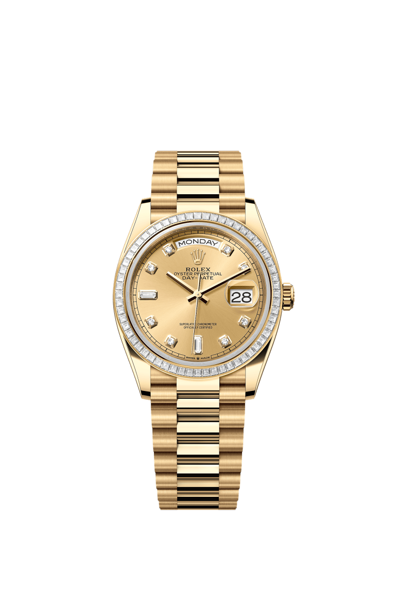 ROLEX DAY-DATE 36MM YELLOW GOLD CHAMPAGNE DIAMOND DIAL TRAPEZE DIAMOND BEZEL PRESIDENT BRACELET 128398TBR