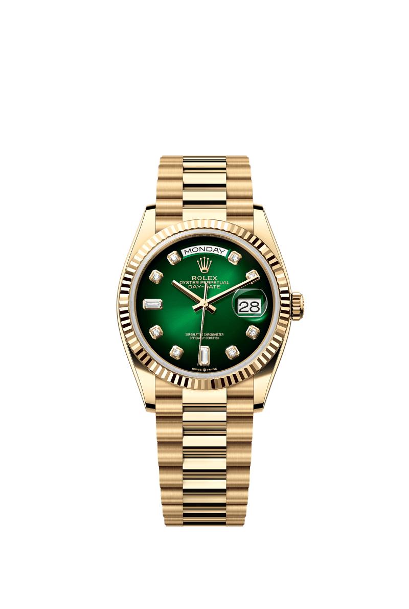 ROLEX DAY-DATE 36MM YELLOW GOLD GREEN OMBRE DIAMOND DIAL FLUTED BEZEL PRESIDENT BRACELET 128238