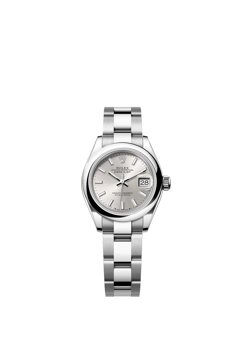 ROLEX LADY-DATEJUST 28MM SILVER INDEX DIAL DOMED BEZEL OYSTER BRACELET 279160