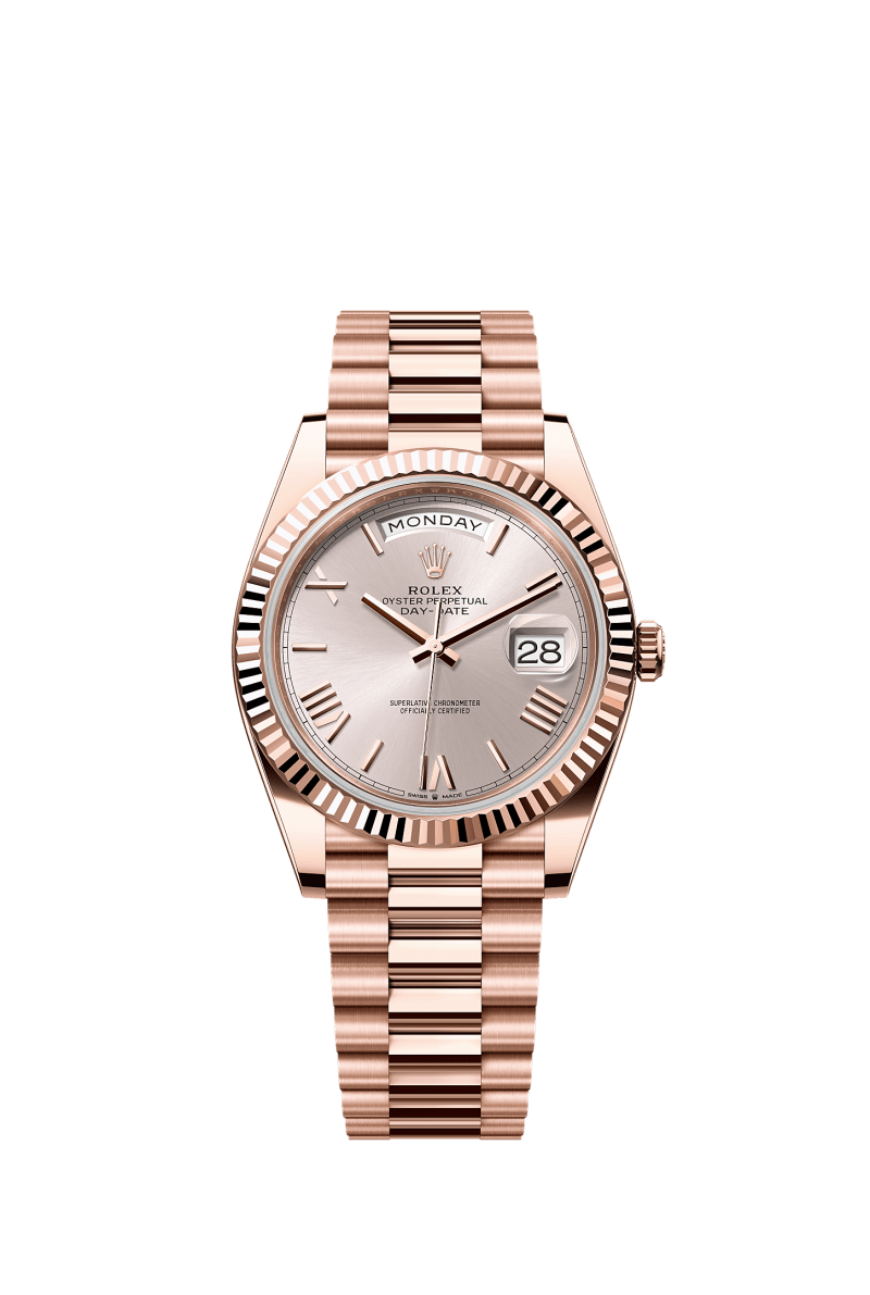 ROLEX DAY-DATE 40MM EVEROSE GOLD SUNDUST ROMAN DIAL FLUTED BEZEL PRESIDENT BRACELET 228235