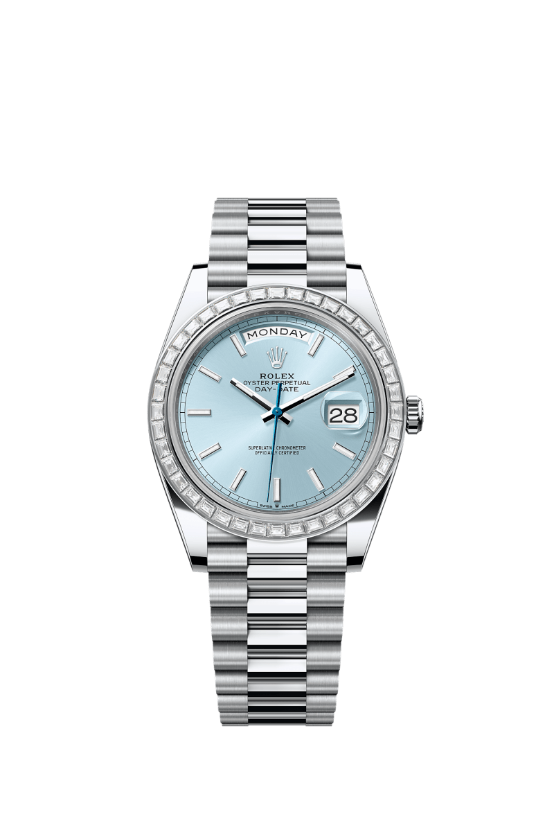 ROLEX DAY-DATE 40MM PLATINUM ICE BLUE INDEX DIAL TRAPEZE DIAMOND BEZEL PRESIDENT BRACELET 228396TBR
