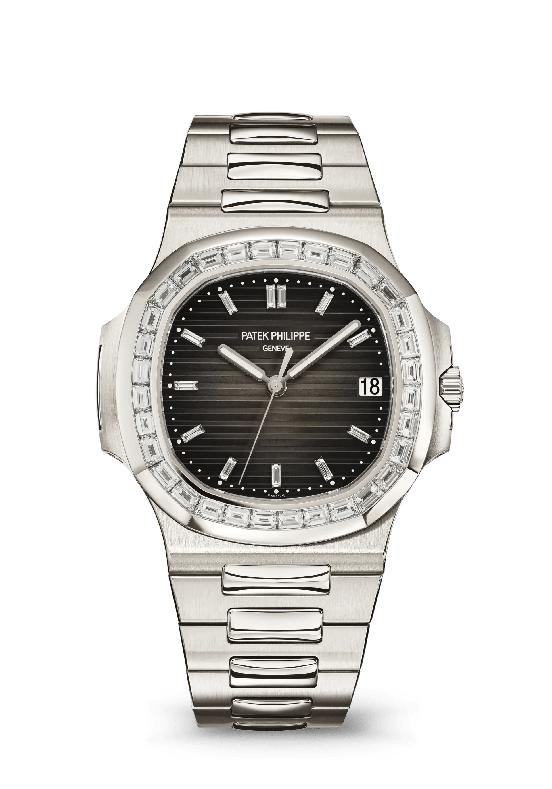 PATEK PHILIPPE NAUTILUS JOAILLERIE 40MM PLATINUM CHARCOAL GRAY DIAL DIAMOND BEZEL – 5711/110P-001