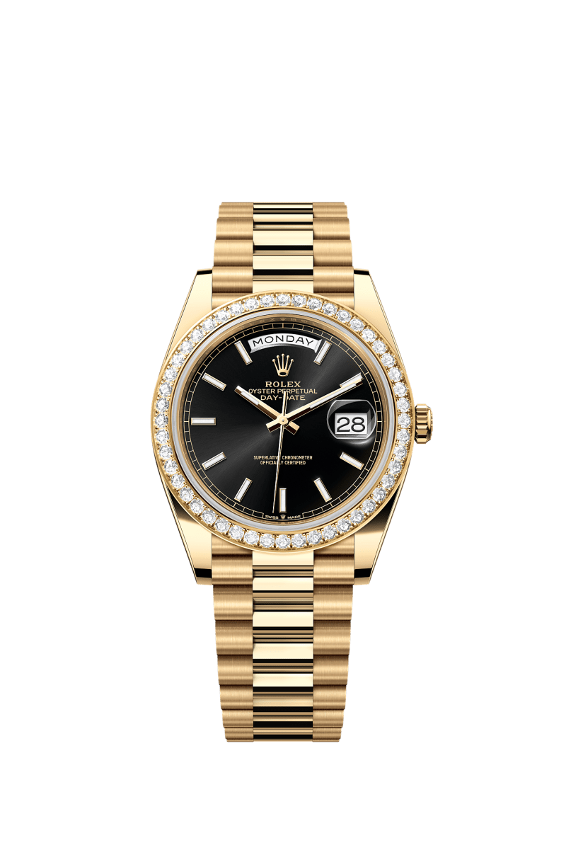ROLEX DAY-DATE 40MM YELLOW GOLD BLACK INDEX DIAL DIAMOND BEZEL PRESIDENT BRACELET 228348RBR