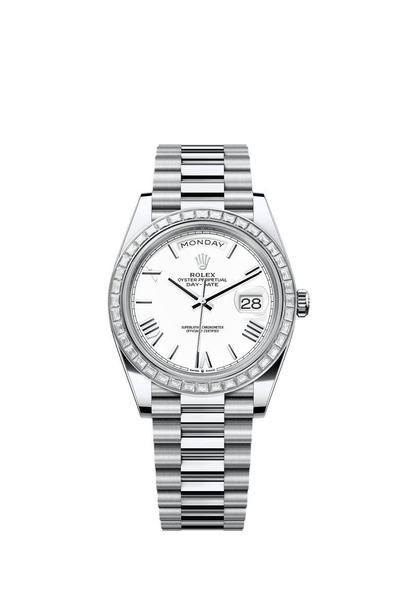 ROLEX DAY-DATE 40MM PLATINUM WHITE ROMAN DIAL TRAPEZE DIAMOND BEZEL PRESIDENT BRACELET 228396TBR