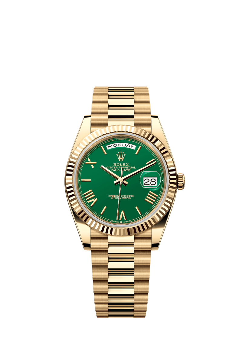 ROLEX DAY-DATE 40MM YELLOW GOLD GREEN ROMAN "MONEY" DIAL FLUTED BEZEL PRESIDENT BRACELET 228238