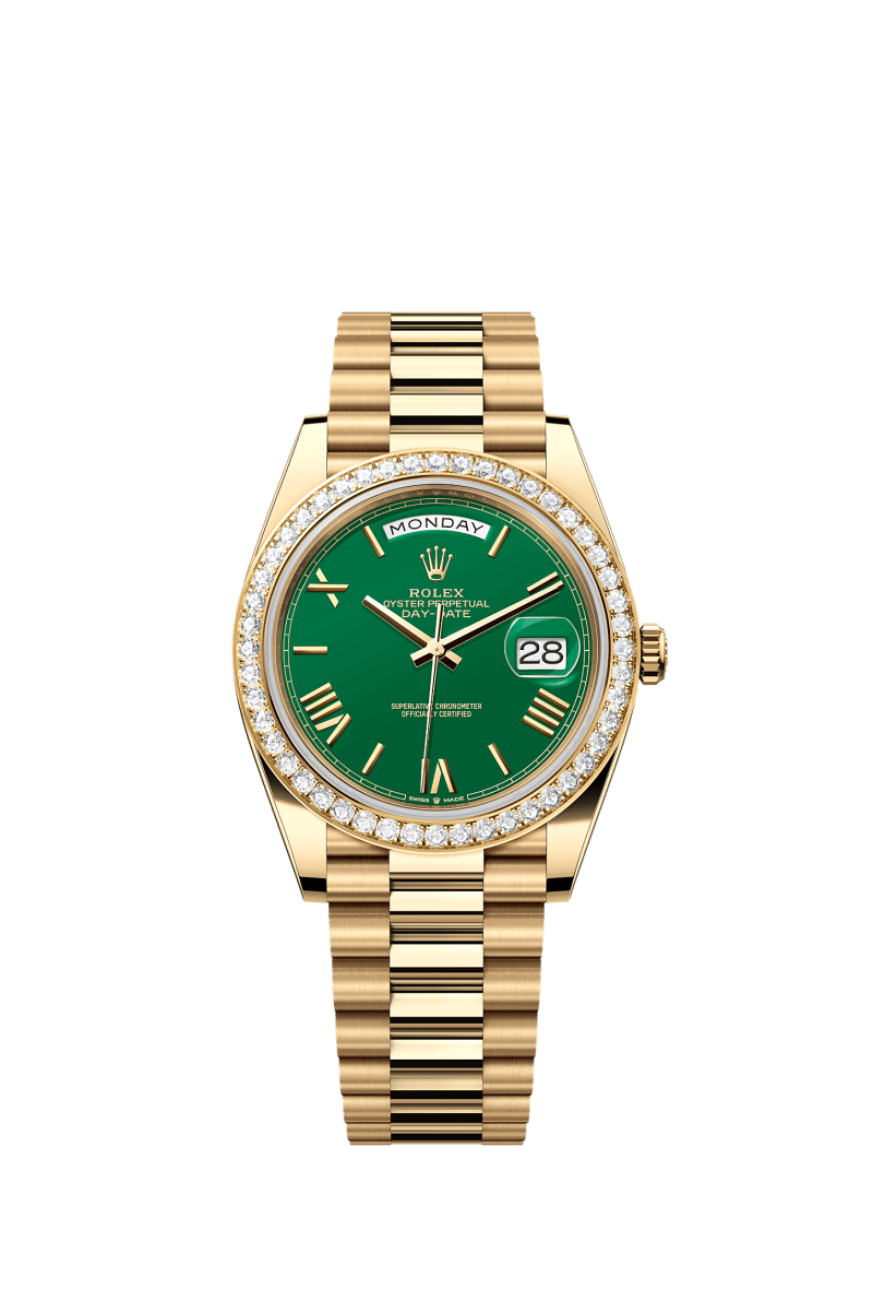 ROLEX DAY-DATE 40MM YELLOW GOLD GREEN ROMAN DIAL DIAMOND BEZEL PRESIDENT BRACELET 228348RBR