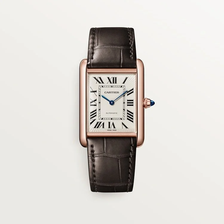 CARTIER TANK LOUIS CARTIER LARGE 18K ROSE GOLD SILVERED DIAL BROWN ALLIGATOR STRAP AUTOMATIC WGTA0346