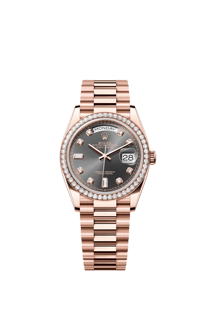 ROLEX DAY-DATE 36MM EVEROSE GOLD RHODIUM DIAMOND DIAL DIAMOND BEZEL PRESIDENT BRACELET 128345RBR
