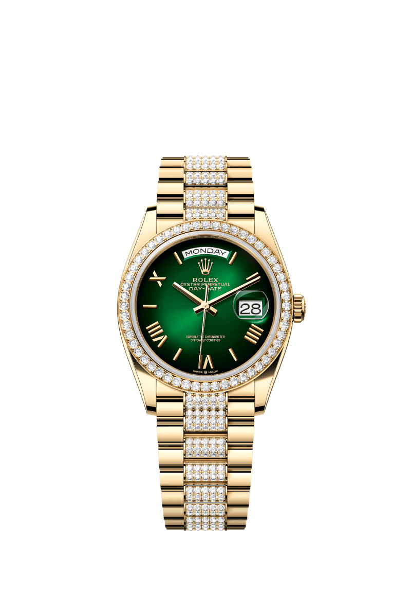 ROLEX DAY-DATE 36MM YELLOW GOLD GREEN OMBRE ROMAN DIAL DIAMOND BEZEL DIAMOND-SET PRESIDENT BRACELET 128348RBR
