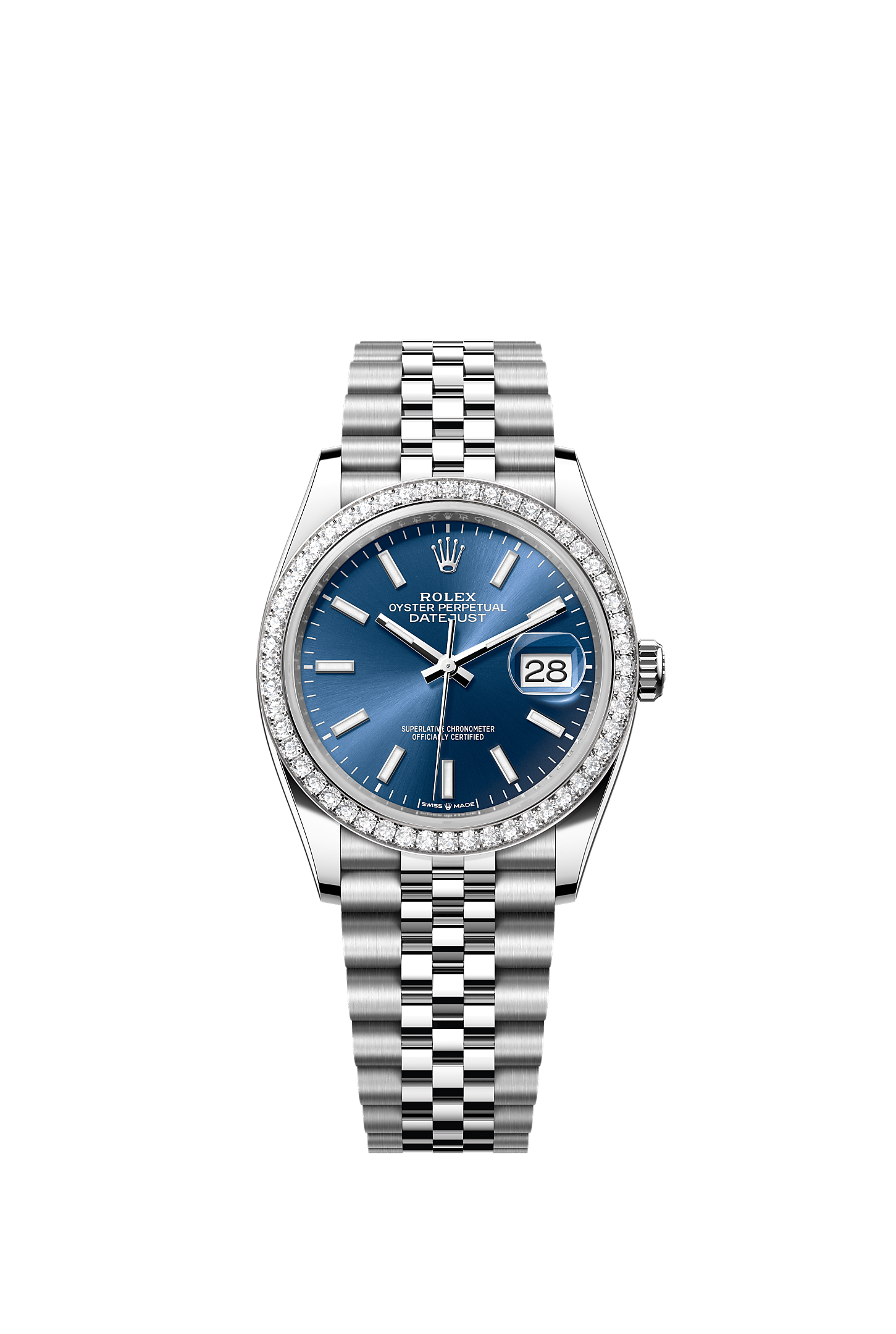 ROLEX DATEJUST 36MM BRIGHT BLUE INDEX DIAL DIAMOND BEZEL JUBILEE BRACELET 126284RBR
