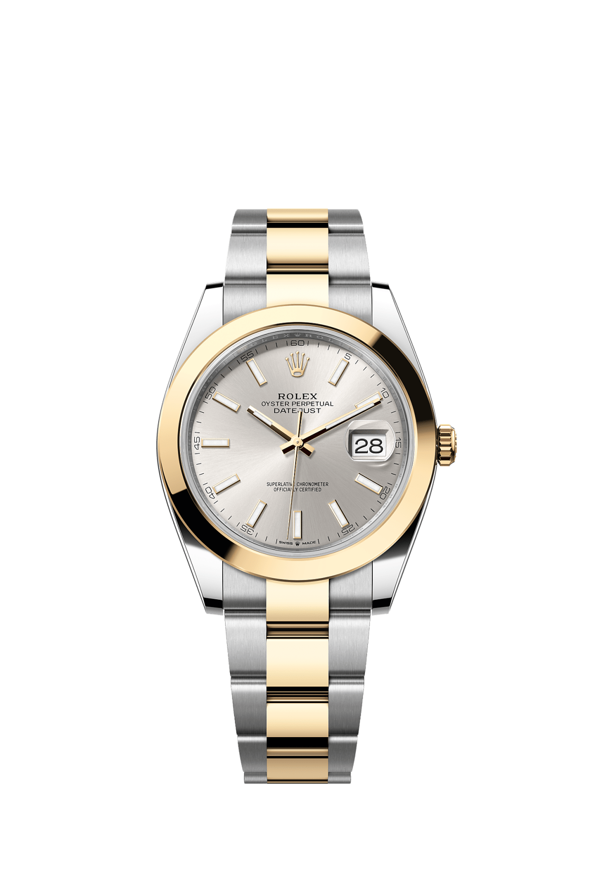 ROLEX DATEJUST 41MM TWO-TONE YELLOW GOLD SILVER INDEX DIAL SMOOTH BEZEL OYSTER BRACELET 126303
