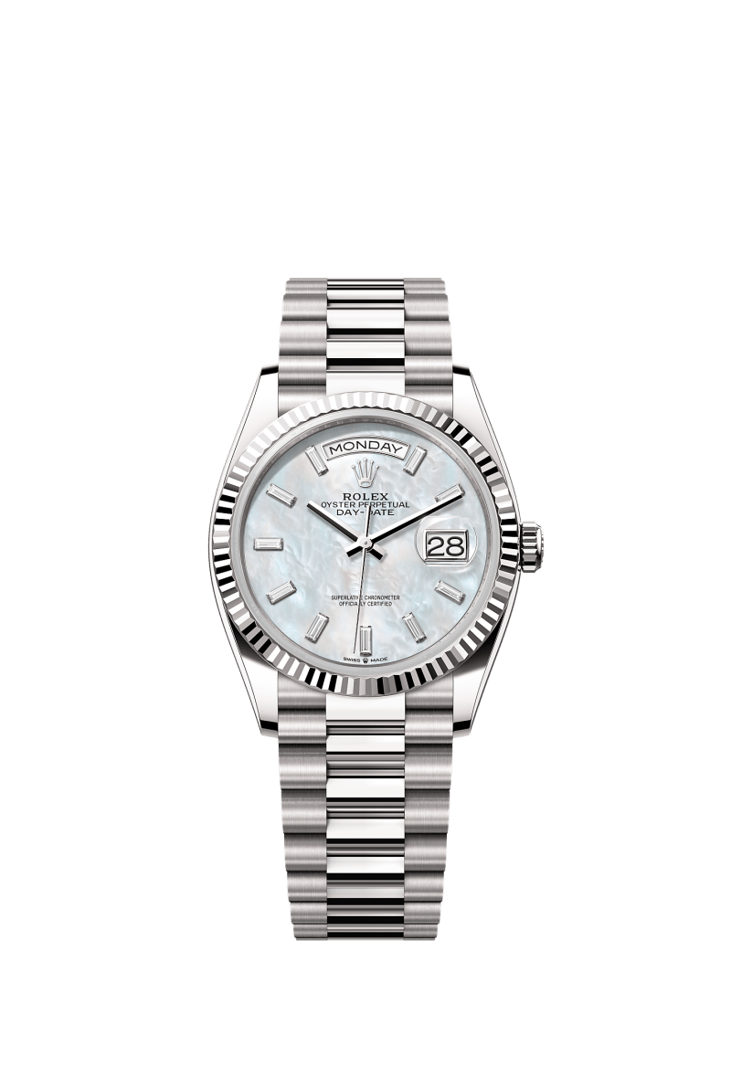 ROLEX DAY-DATE 36MM WHITE GOLD MOTHER OF PEARL DIAMOND BAGUETTE DIAL FLUTED BEZEL PRESIDENT BRACELET 128239
